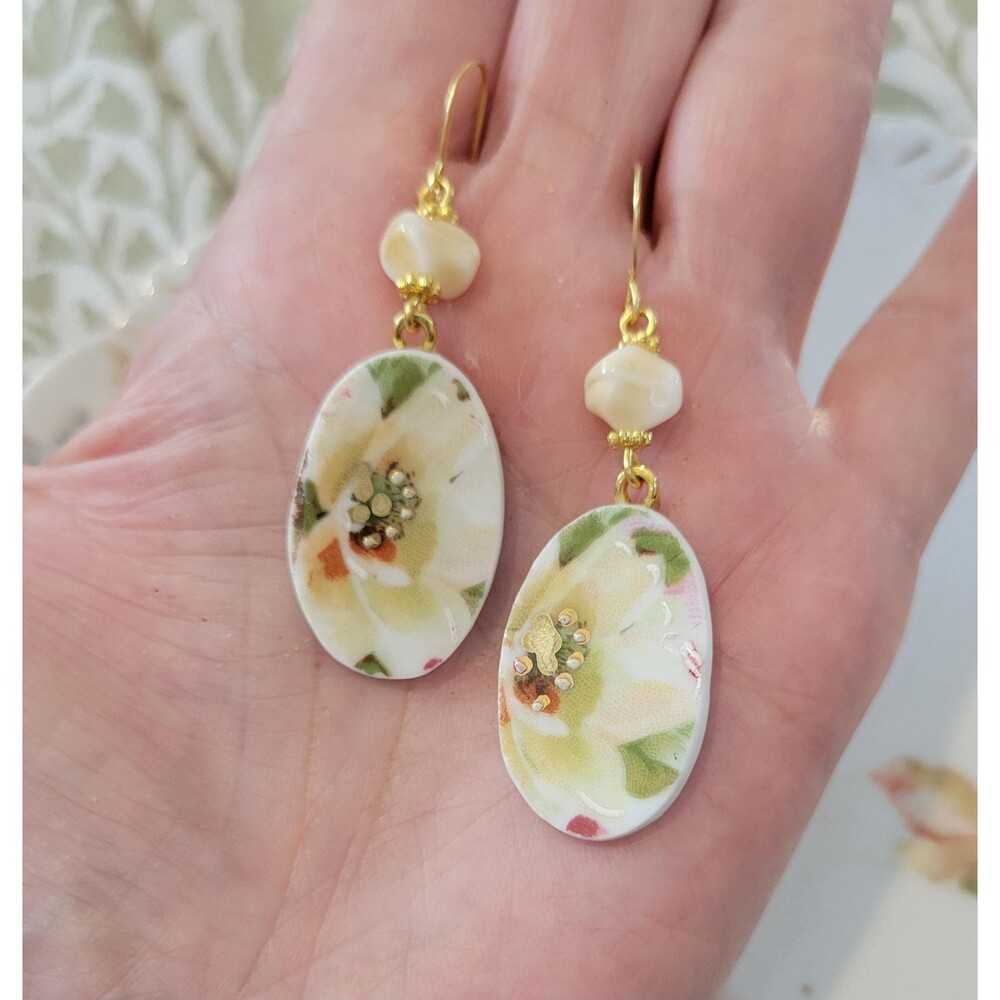 Antique Floral Broken China Earrings - Upcycled Jewelry